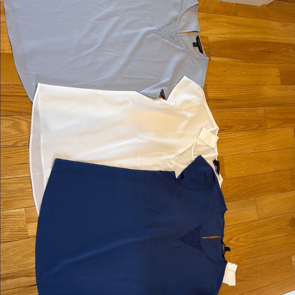 Set of Three Blouses in Blue, White, and Gray